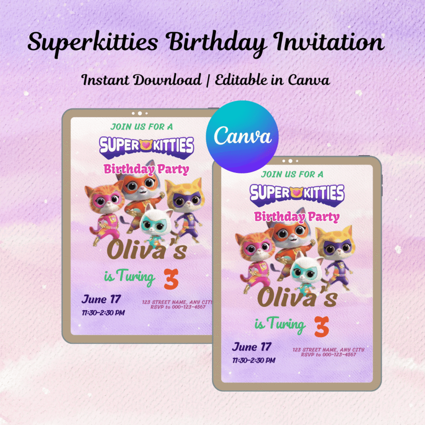 Printable SuperKitty Birthday Invite, Kitten Party Template (Digital Download)