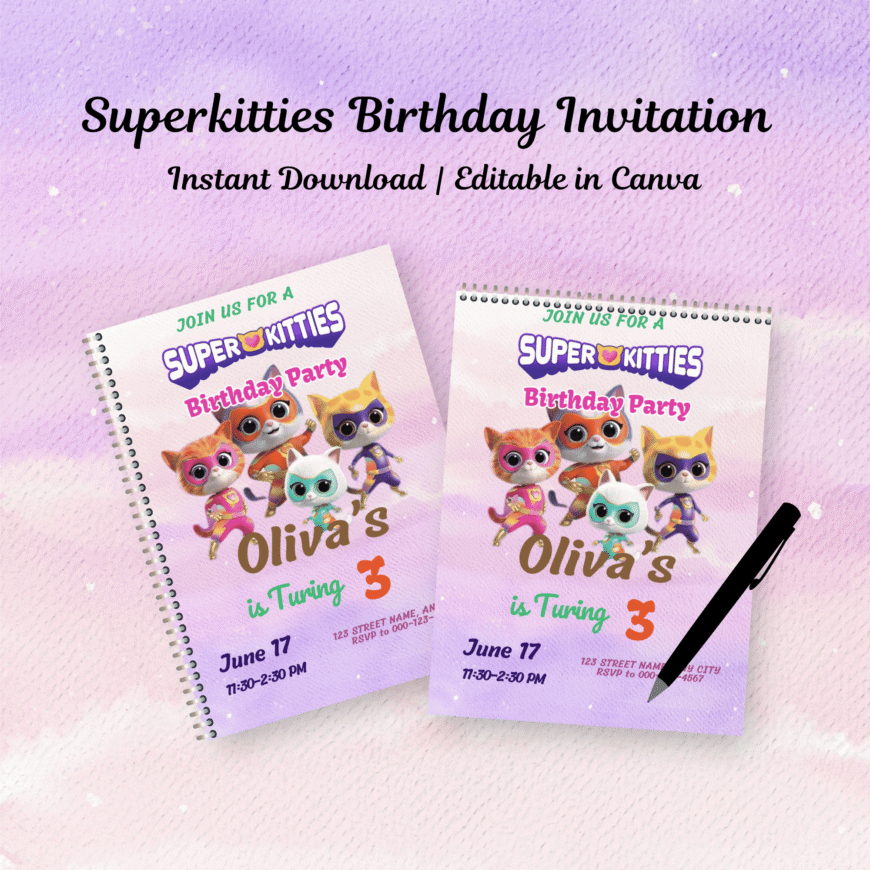 Printable SuperKitty Birthday Invite, Kitten Party Template (Digital Download)