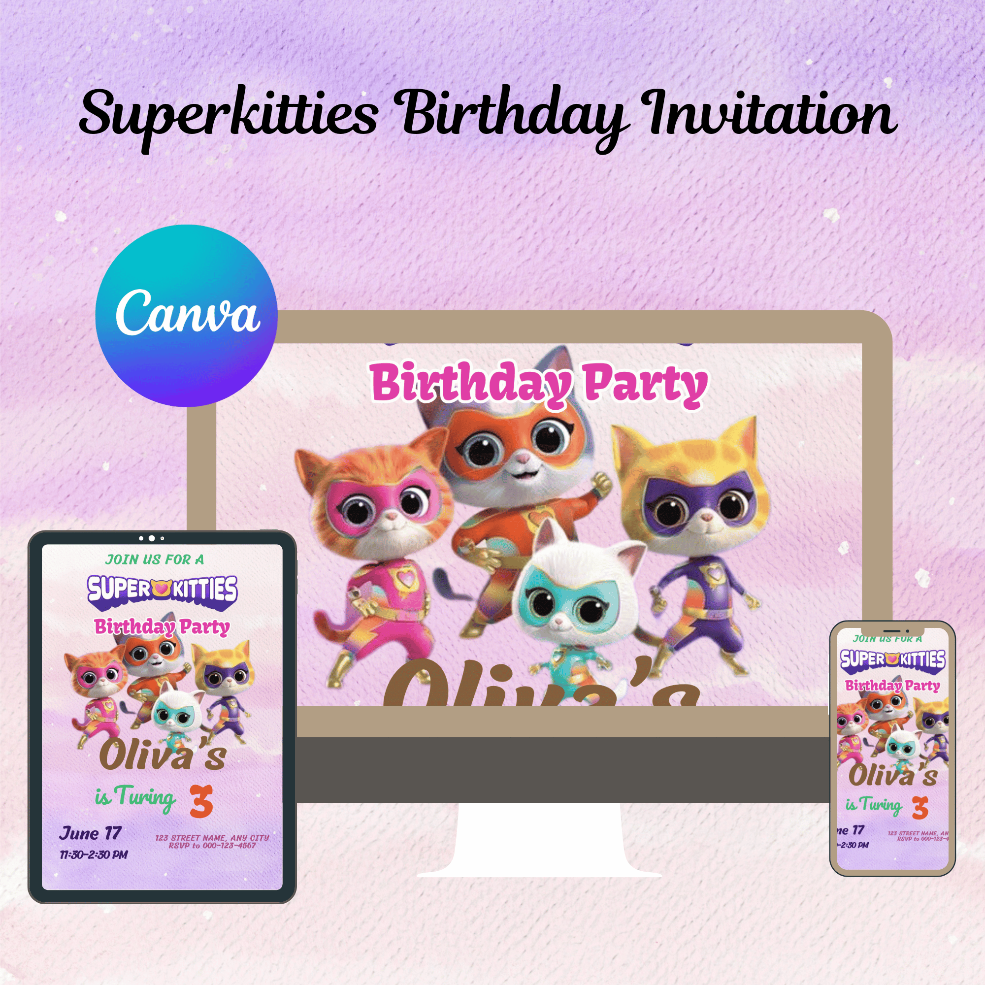 Printable SuperKitty Birthday Invite, Kitten Party Template (Digital Download)