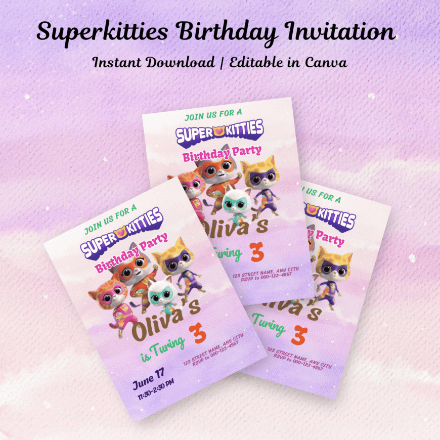 Printable SuperKitty Birthday Invite, Kitten Party Template (Digital Download)