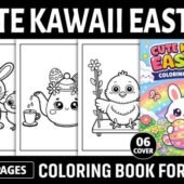 Cute kawaii Easter coloring pages printable for kids – instant download PDF