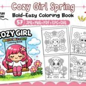 Cozy Girl Spring Coloring Book Printable – 57 Bold Easy Coloring Pages for Kids & Adults (Instant Download)